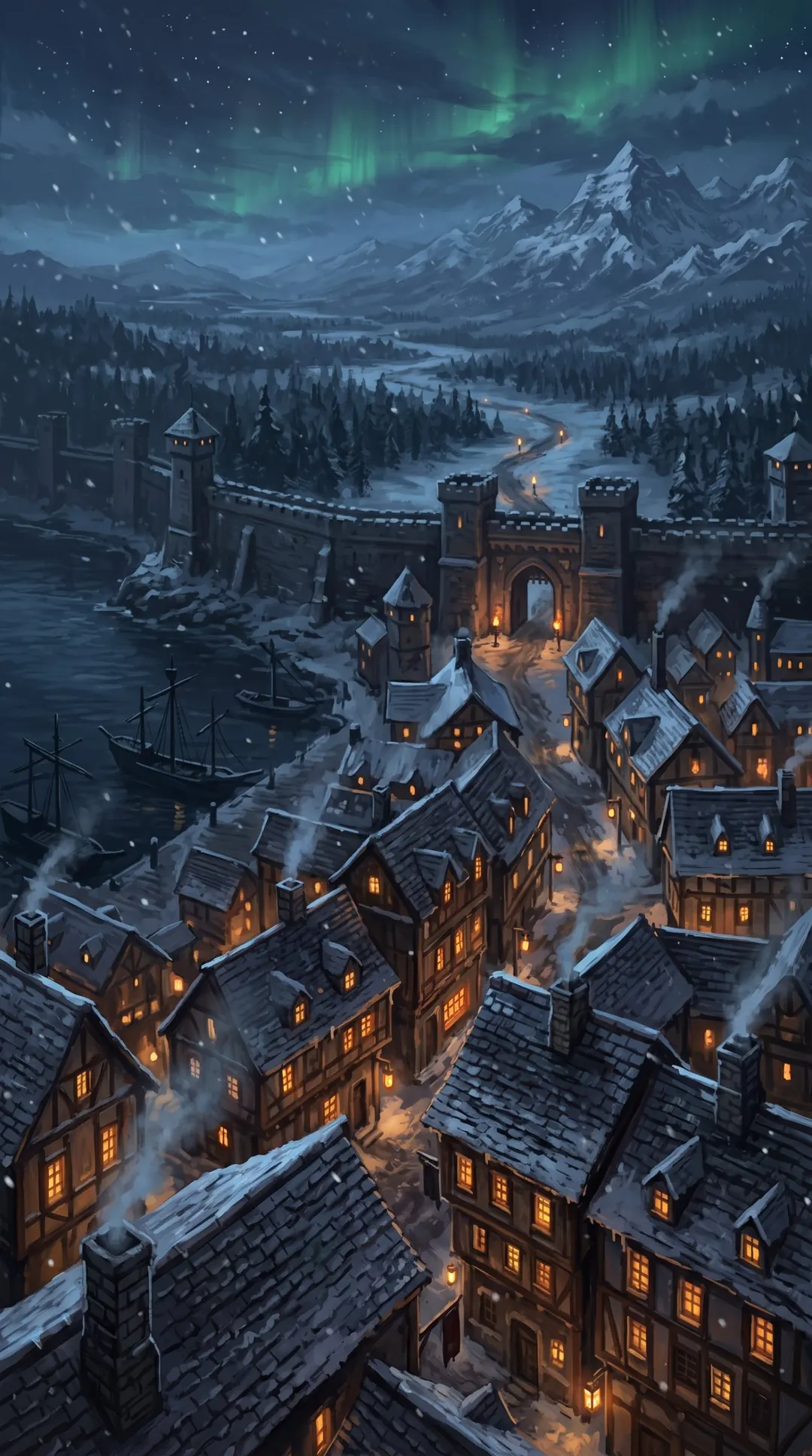 La ville la nuit sous la neige, la porte nord ouverte vers les montagnes