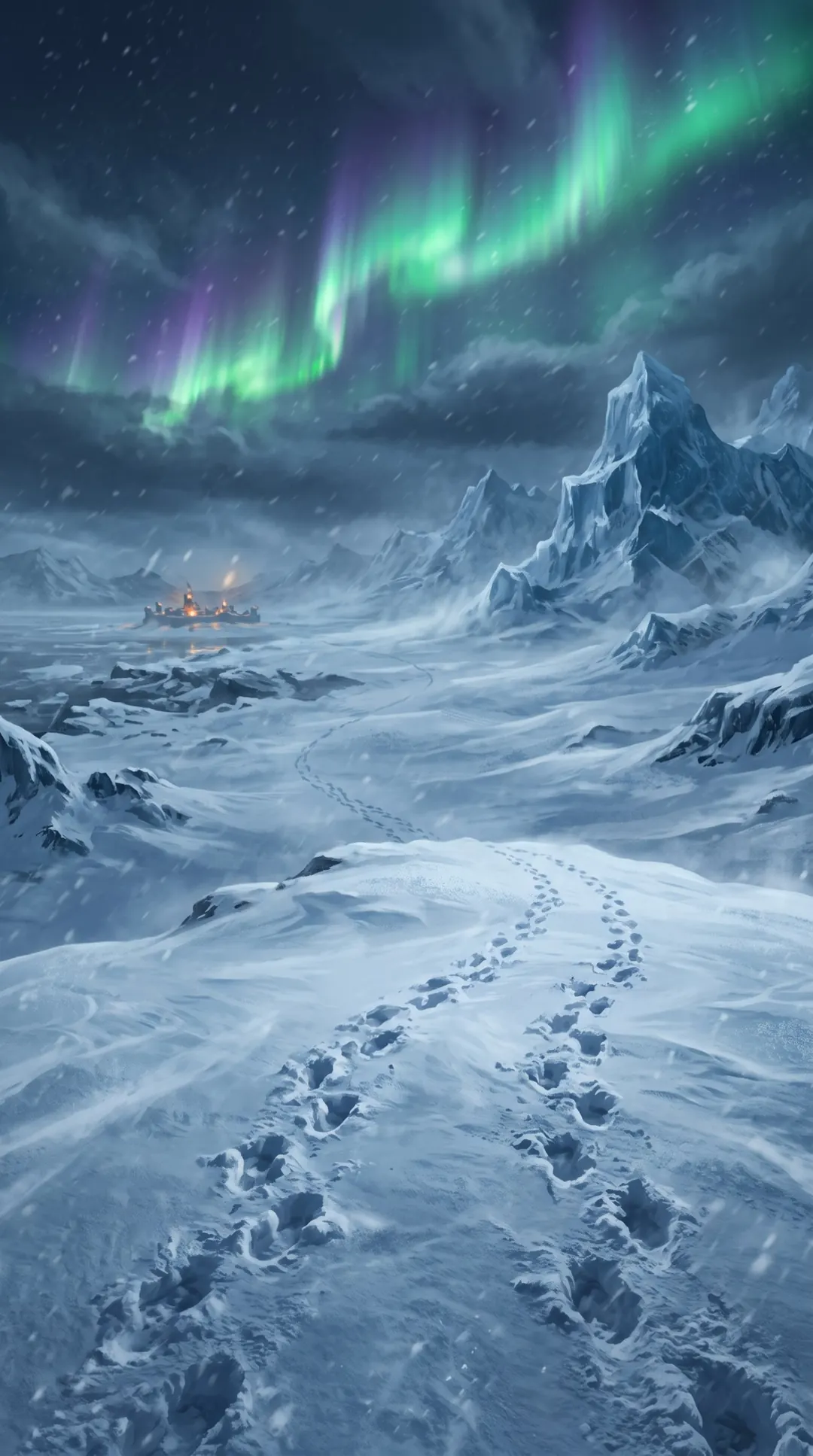 Le Grand Nord sous une aurore, des traces de pas mènent à un avant-poste lointain