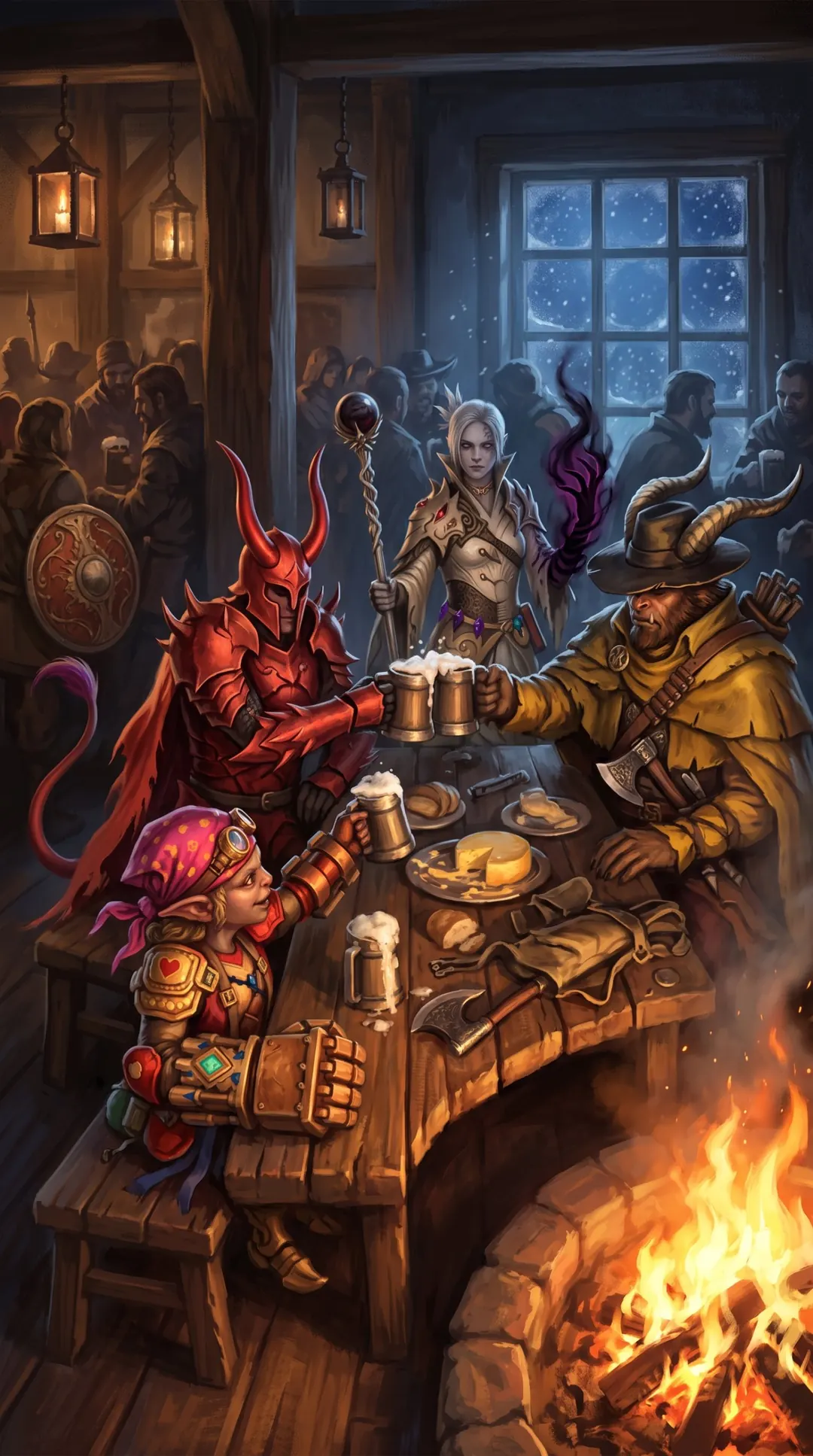 Des héros trinquent à la taverne, près du feu